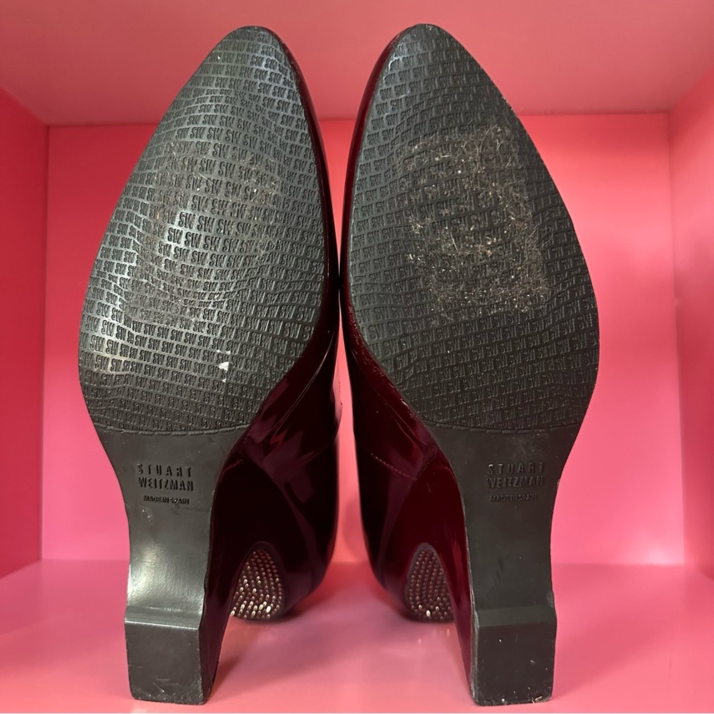 Stuart Weitzman Maroon Patent Leather Wedge Rhinestone Heels - Picture 8 of 10